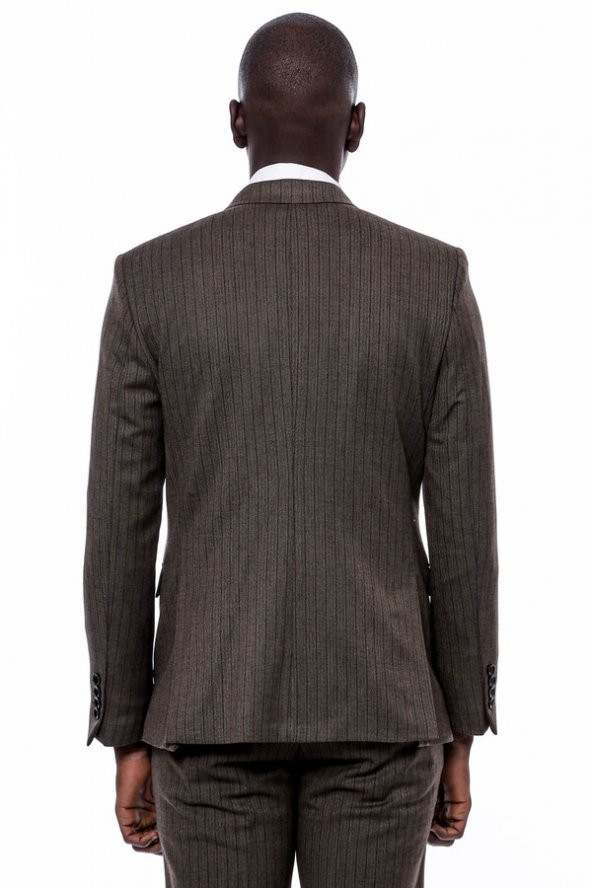 Çizgili Slim Fit Kahverengi Erkek Takım Elbise - 10