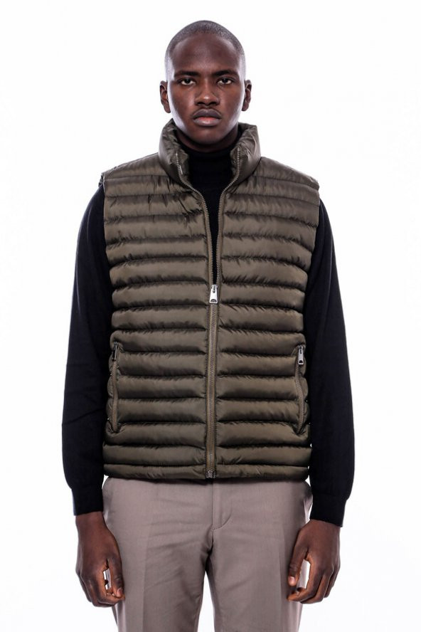 Kapitone Fermuarlı Haki Erkek Şişme Yelek - 4