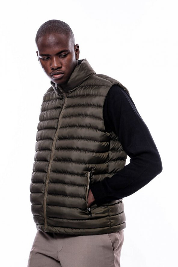 Kapitone Fermuarlı Haki Erkek Şişme Yelek - 5