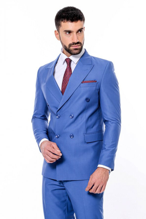 Kruvaze Slim Fit Mavi Erkek Takım Elbise - 3