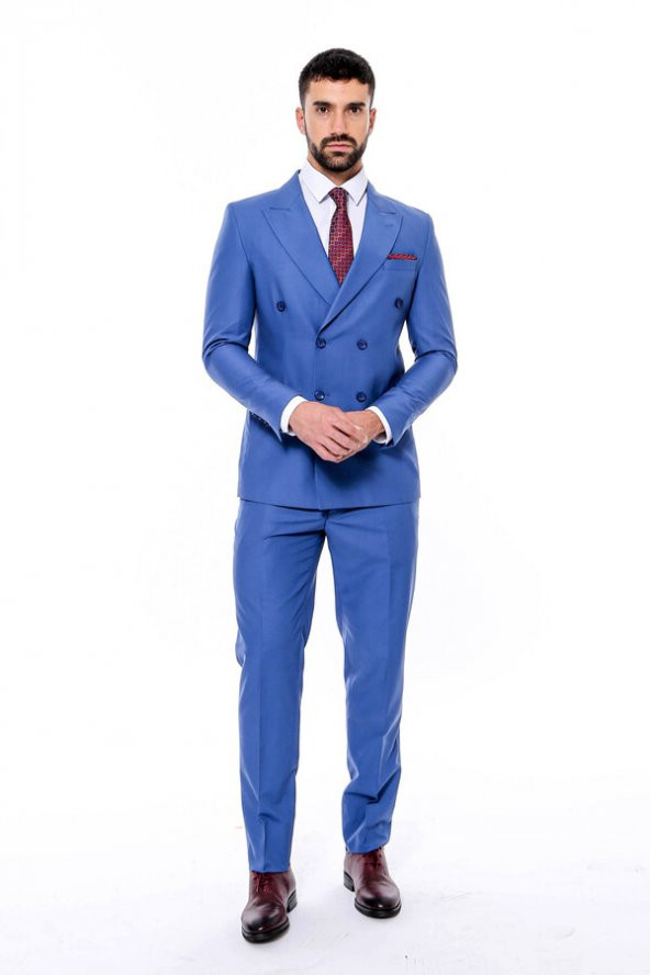 Kruvaze Slim Fit Mavi Erkek Takım Elbise - 4