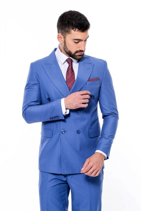 Kruvaze Slim Fit Mavi Erkek Takım Elbise - 5