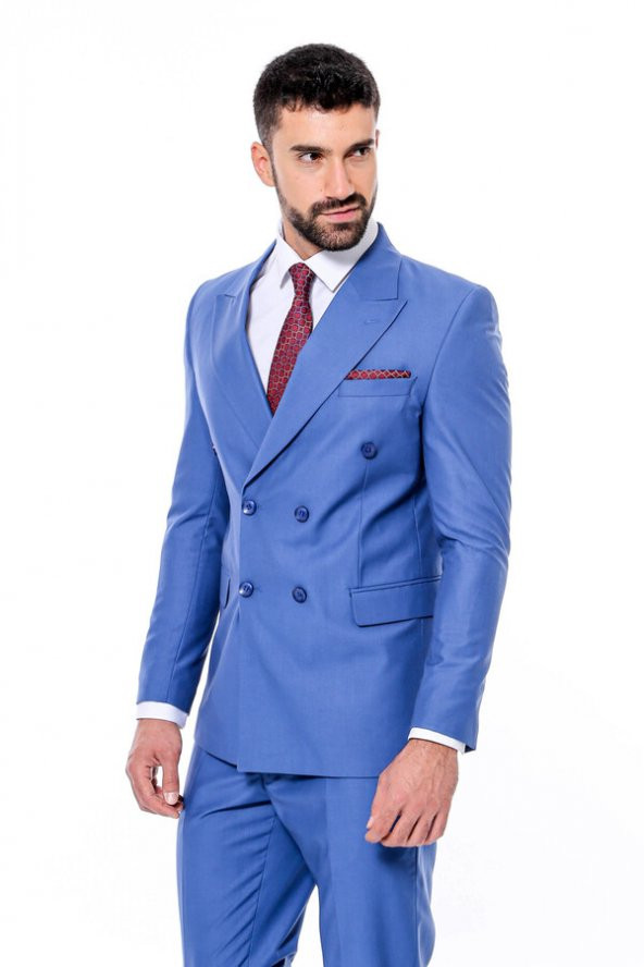 Kruvaze Slim Fit Mavi Erkek Takım Elbise - 6