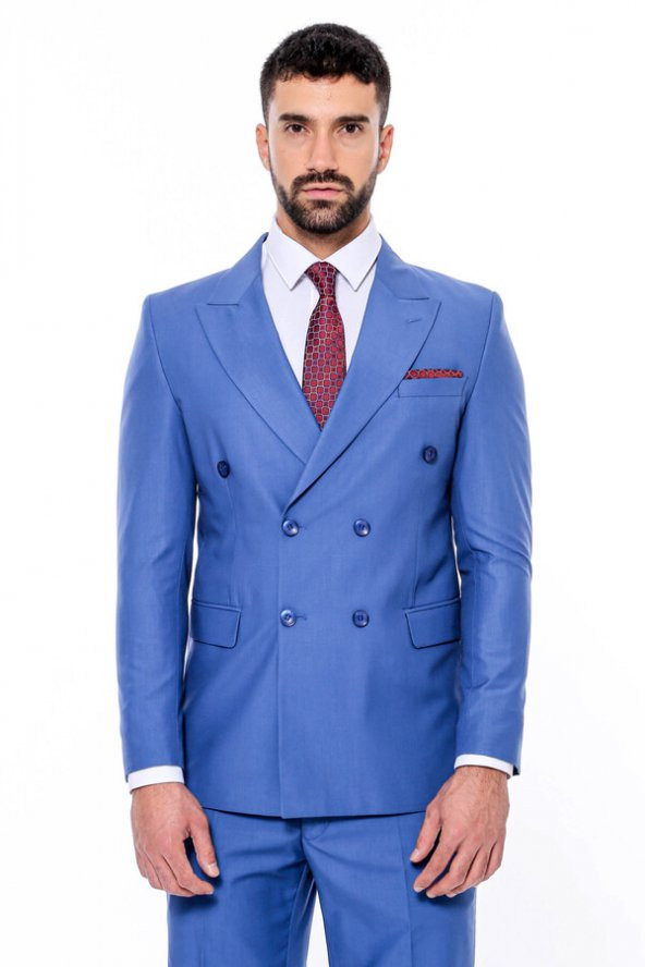 Kruvaze Slim Fit Mavi Erkek Takım Elbise - 7