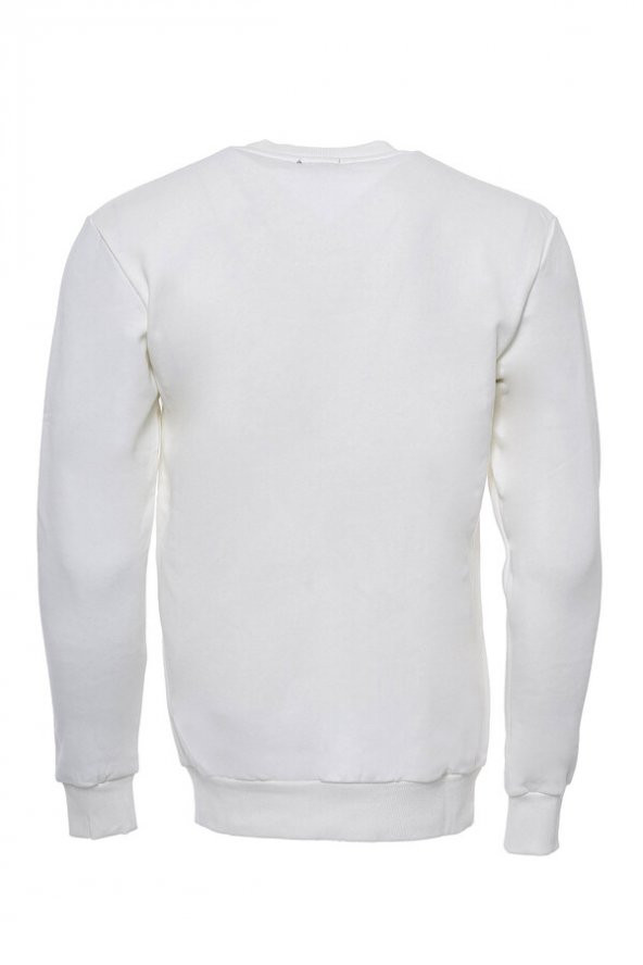 Krem Erkek Bisiklet Yaka Desensiz Sweatshirt - 2