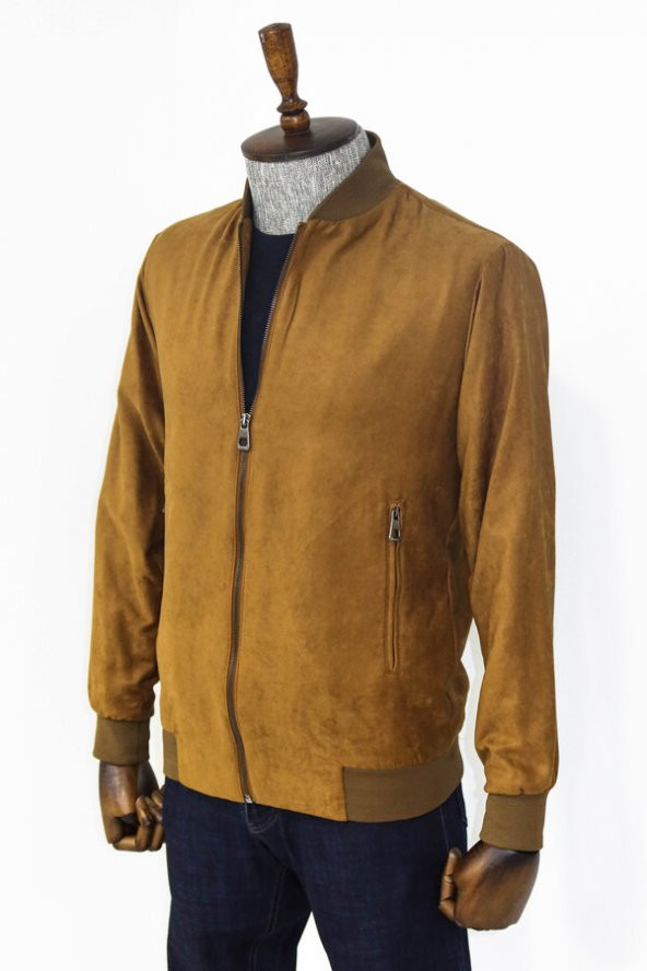 Desensiz Fermuarlı Cepli Taba Erkek Bomber Ceket - 5