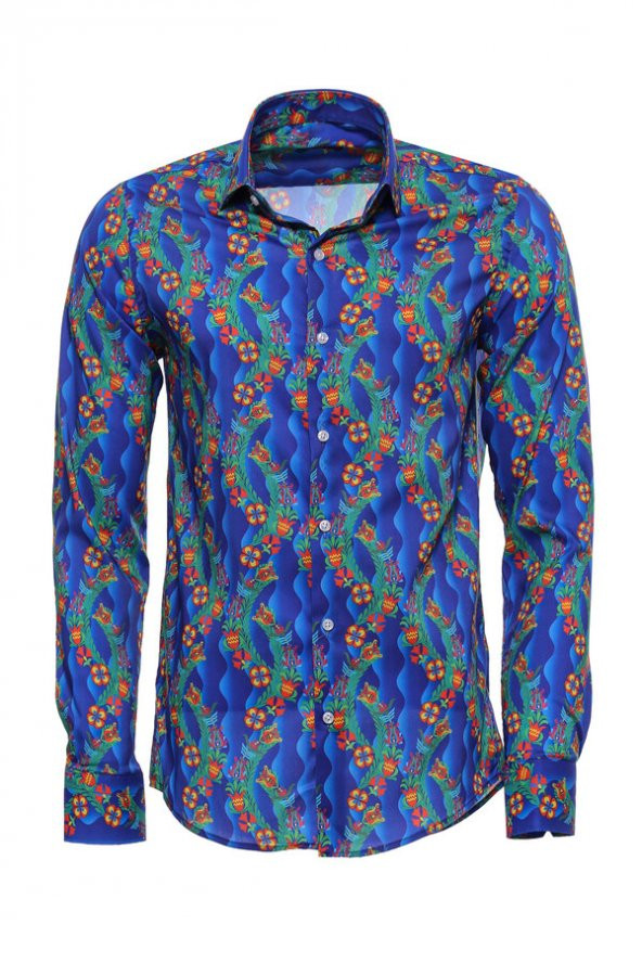Çiçek Desenli Uzun Kollu Slim Fit İndigo Erkek Gömlek