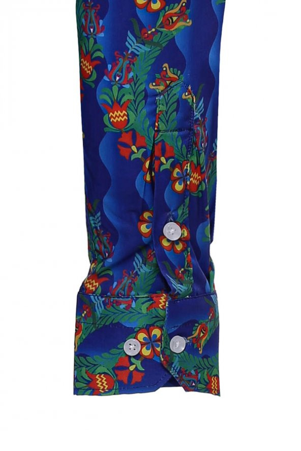 Çiçek Desenli Uzun Kollu Slim Fit İndigo Erkek Gömlek - 3
