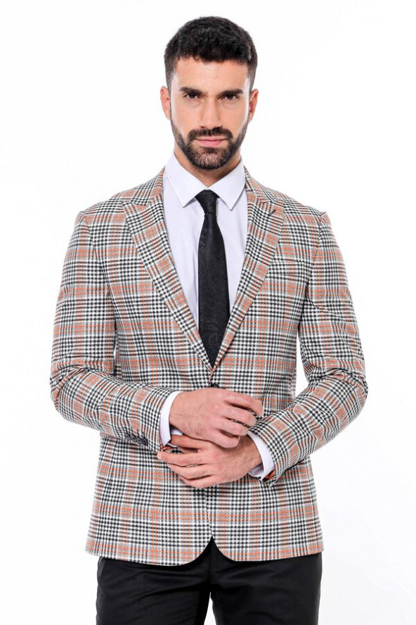 Ekose Desenli Slim Fit Turuncu Siyah Erkek Ceket