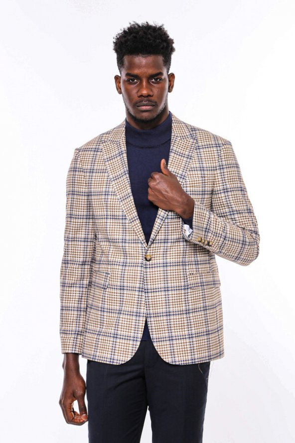 Ekose Desenli Slim Fit Kahverengi Mavi Erkek Ceket - 4
