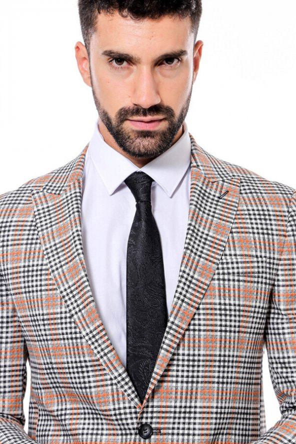Ekose Desenli Slim Fit Turuncu Siyah Erkek Ceket - 2