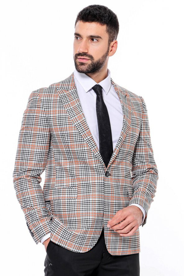 Ekose Desenli Slim Fit Turuncu Siyah Erkek Ceket - 3
