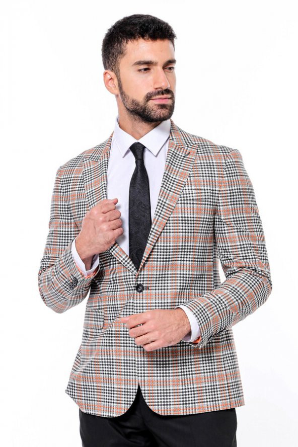 Ekose Desenli Slim Fit Turuncu Siyah Erkek Ceket - 4