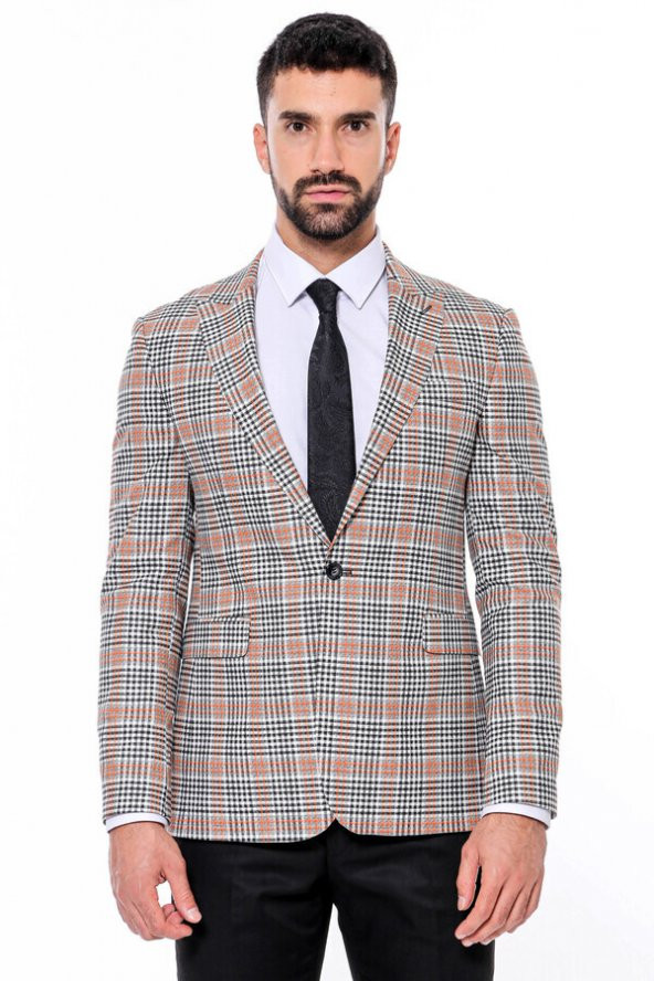 Ekose Desenli Slim Fit Turuncu Siyah Erkek Ceket - 5