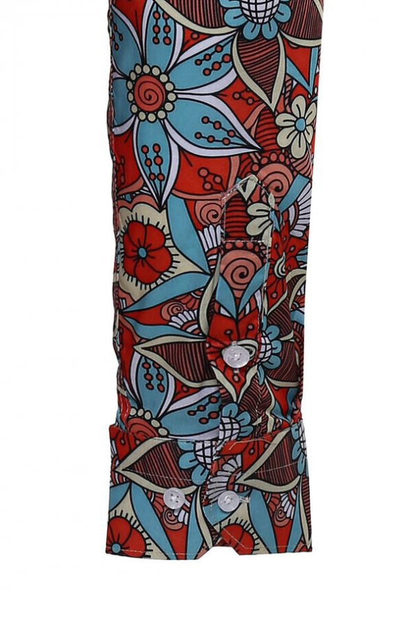 Mavi Çiçek Desenli Slim Fit Uzun Kollu Kırmızı Erkek Gömlek - 3