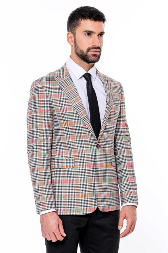 Ekose Desenli Slim Fit Turuncu Siyah Erkek Ceket - 6