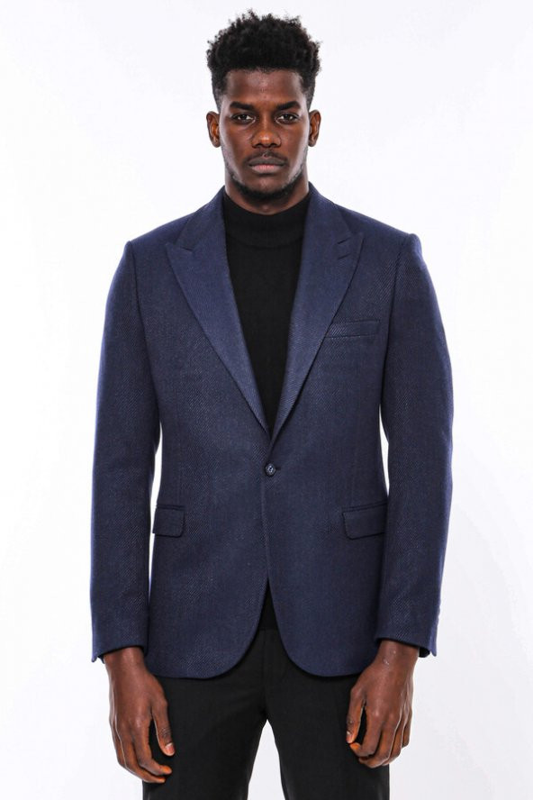 Slim Fit Desenli Koyu Mavi Erkek Ceket - 3