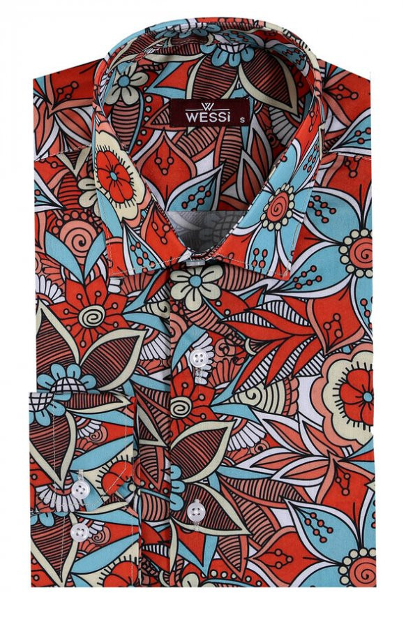 Mavi Çiçek Desenli Slim Fit Uzun Kollu Kırmızı Erkek Gömlek - 5
