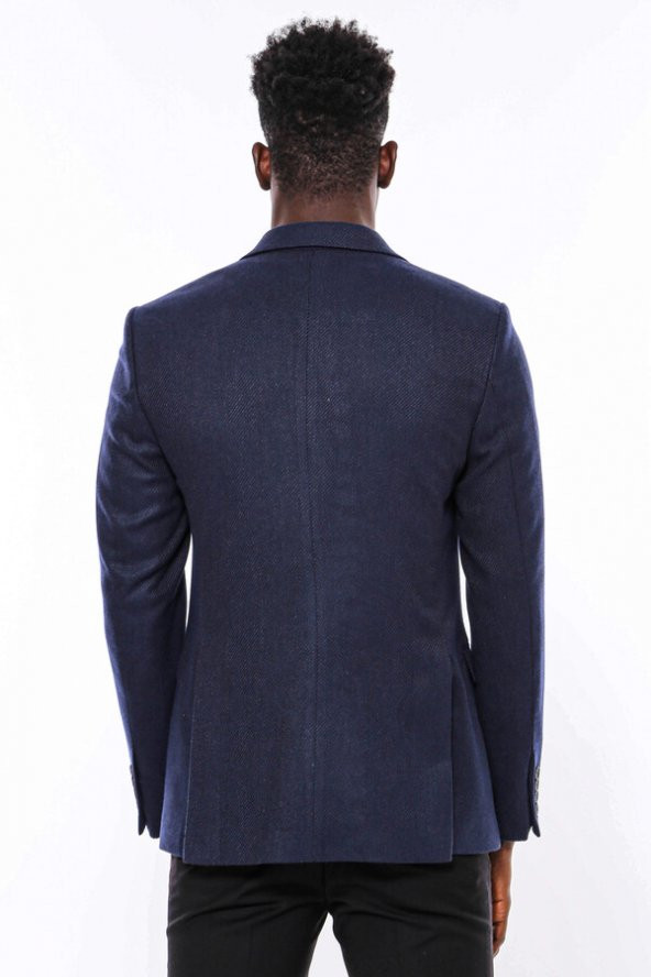 Slim Fit Desenli Koyu Mavi Erkek Ceket - 5