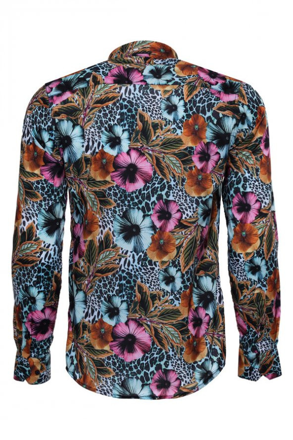 Büyük Çiçek Desenli Slim Fit Uzun Kollu Renkli Erkek Gömlek - 5