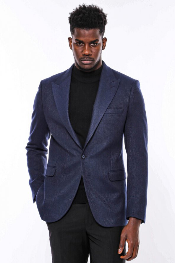 Slim Fit Desenli Koyu Mavi Erkek Ceket