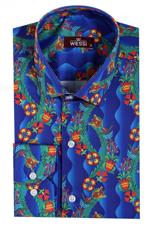 Çiçek Desenli Uzun Kollu Slim Fit İndigo Erkek Gömlek - 5
