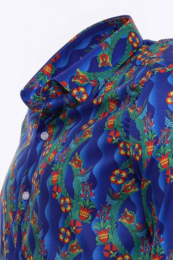 Çiçek Desenli Uzun Kollu Slim Fit İndigo Erkek Gömlek - 2