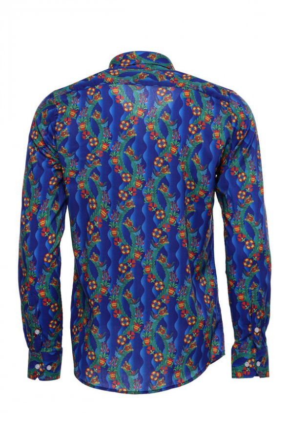 Çiçek Desenli Uzun Kollu Slim Fit İndigo Erkek Gömlek - 4