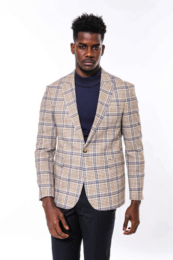 Ekose Desenli Slim Fit Kahverengi Mavi Erkek Ceket - 7