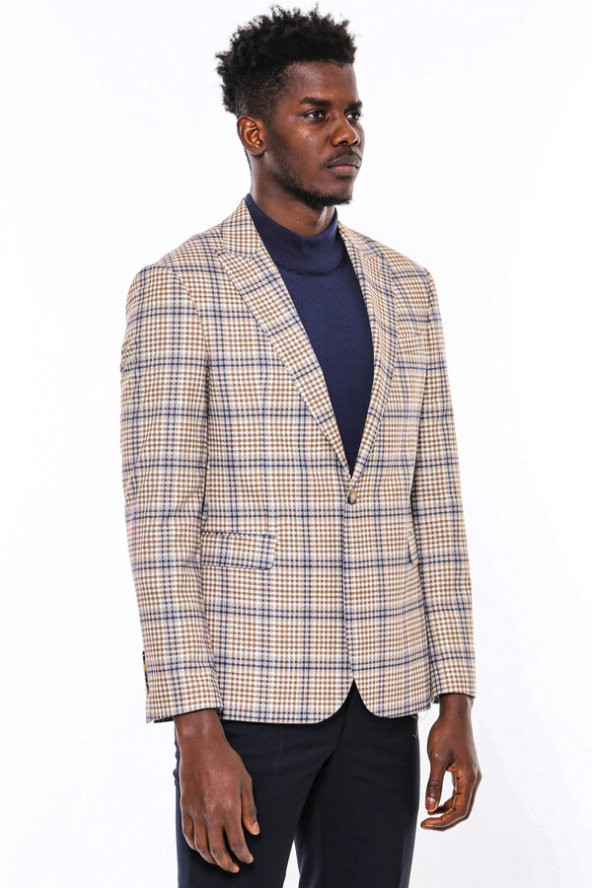 Ekose Desenli Slim Fit Kahverengi Mavi Erkek Ceket - 9
