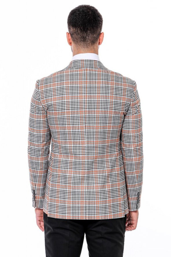 Ekose Desenli Slim Fit Turuncu Siyah Erkek Ceket - 7