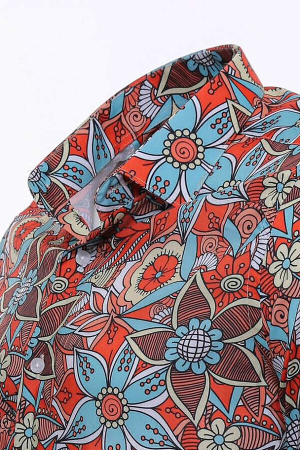 Mavi Çiçek Desenli Slim Fit Uzun Kollu Kırmızı Erkek Gömlek - 2