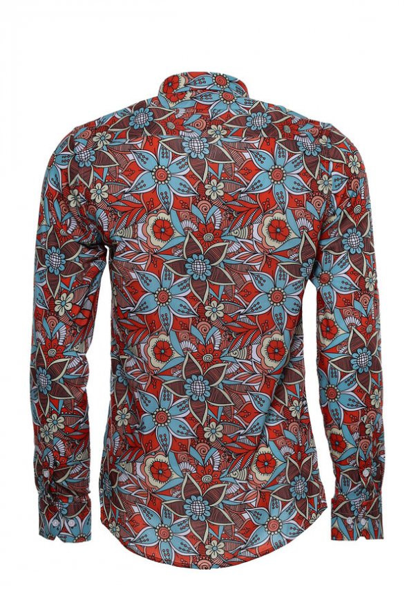 Mavi Çiçek Desenli Slim Fit Uzun Kollu Kırmızı Erkek Gömlek - 4