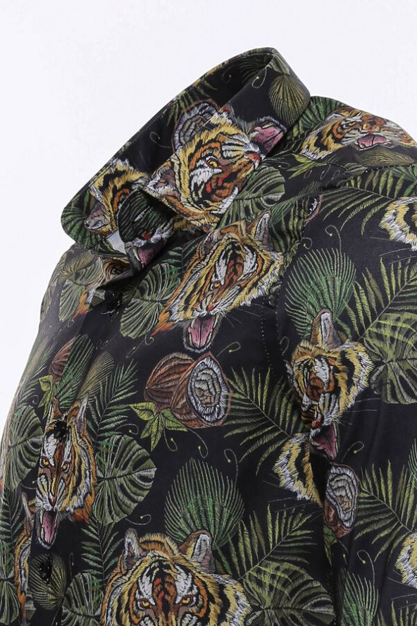 Kaplan Desenli Slim Fit Uzun Kollu Siyah Erkek Gömlek - 2