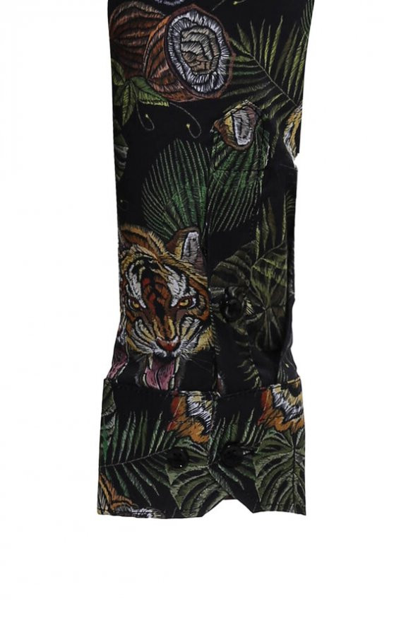 Kaplan Desenli Slim Fit Uzun Kollu Siyah Erkek Gömlek - 4