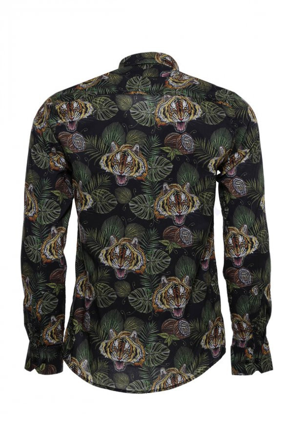 Kaplan Desenli Slim Fit Uzun Kollu Siyah Erkek Gömlek - 5