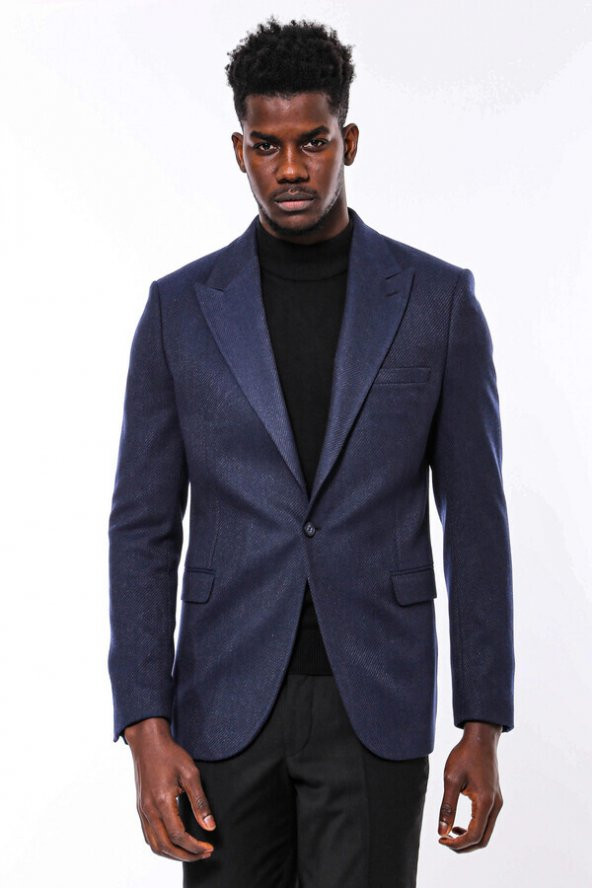 Slim Fit Desenli Koyu Mavi Erkek Ceket - 7