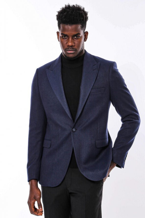 Slim Fit Desenli Koyu Mavi Erkek Ceket - 8