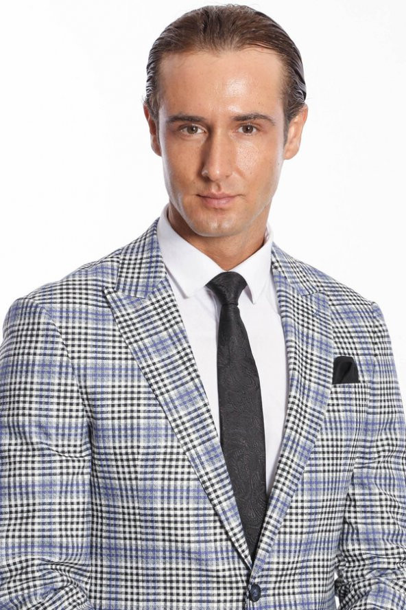 Ekose Desenli Slim Fit Siyah Mavi Erkek Ceket - 2