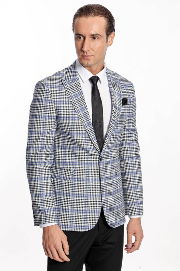 Ekose Desenli Slim Fit Siyah Mavi Erkek Ceket - 5