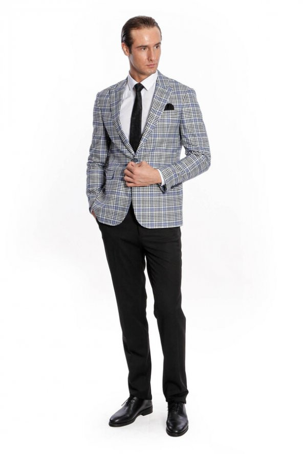 Ekose Desenli Slim Fit Siyah Mavi Erkek Ceket - 6