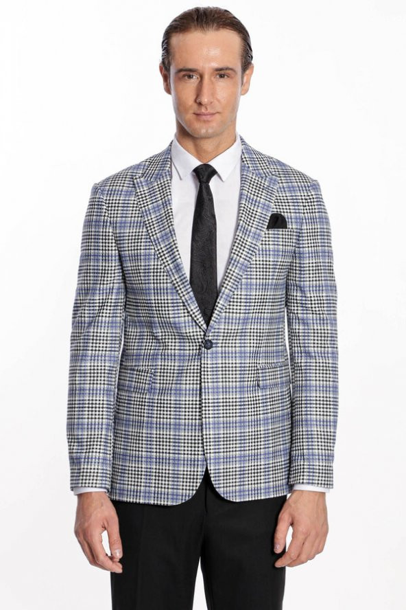 Ekose Desenli Slim Fit Siyah Mavi Erkek Ceket - 8