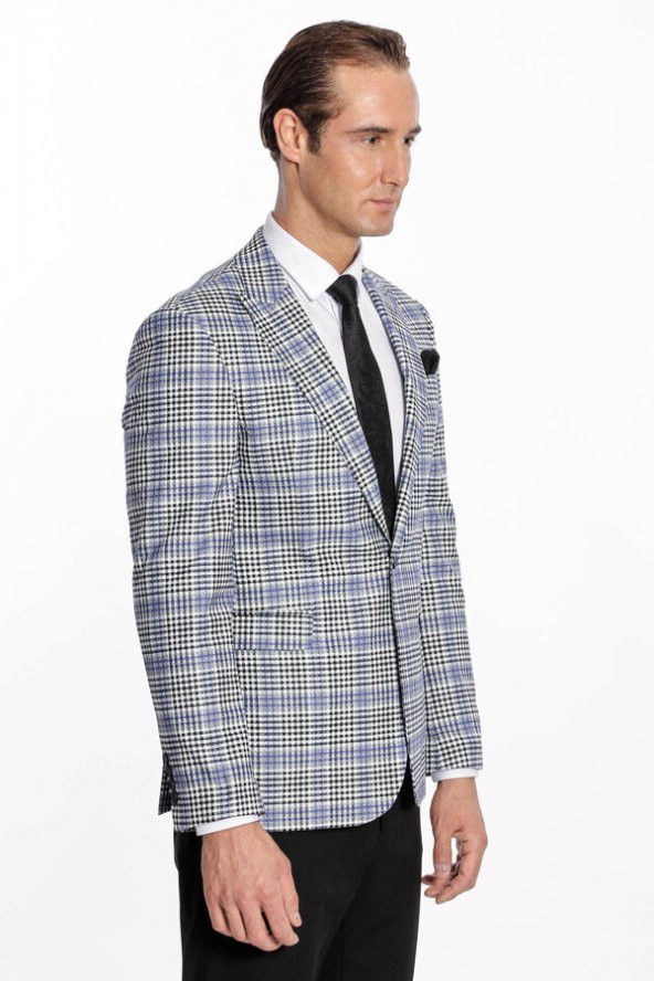 Ekose Desenli Slim Fit Siyah Mavi Erkek Ceket - 9