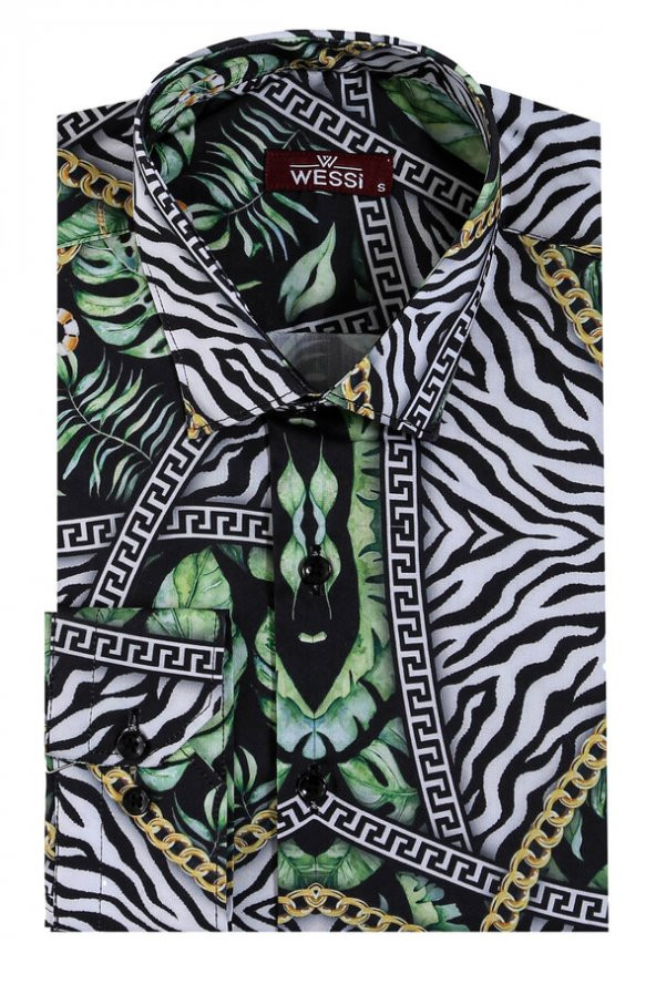 Zincir Zebra Yaprak Desenli Slim Fit Uzun Kollu Çok Renkli Erkek Gömlek - 2