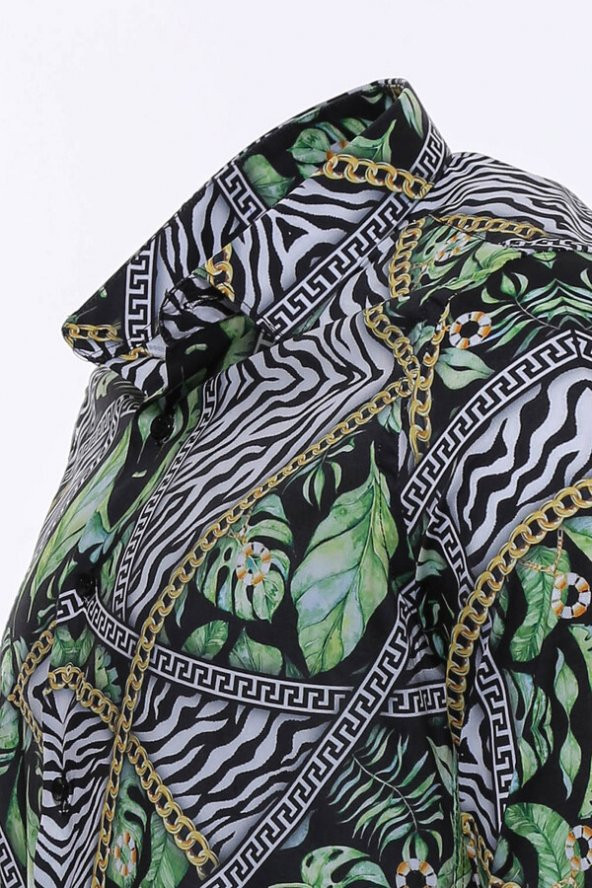 Zincir Zebra Yaprak Desenli Slim Fit Uzun Kollu Çok Renkli Erkek Gömlek - 3