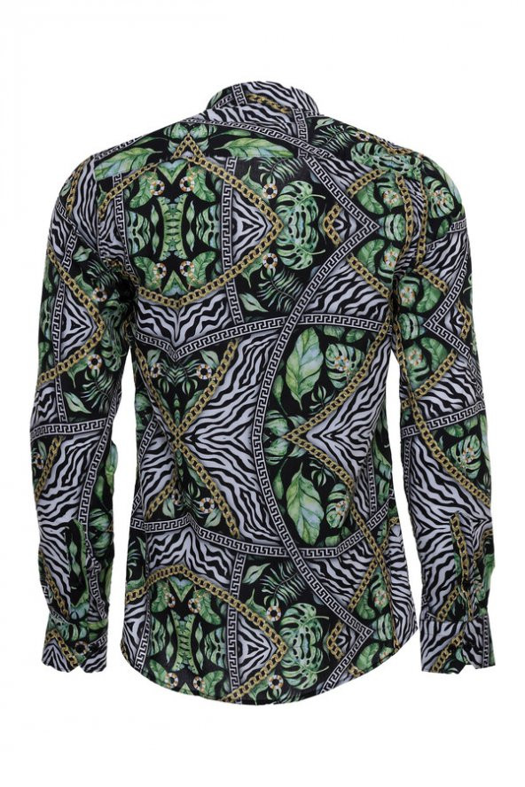 Zincir Zebra Yaprak Desenli Slim Fit Uzun Kollu Çok Renkli Erkek Gömlek - 4
