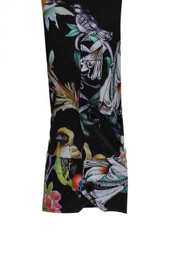 Kuş Ve Çiçek Desenli Slim Fit Uzun Kollu Siyah Erkek Gömlek - 2