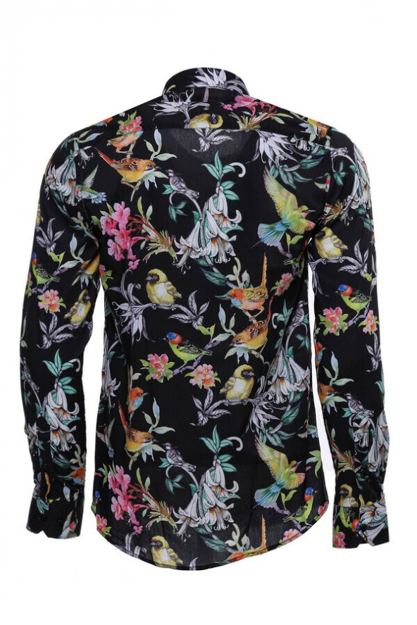 Kuş Ve Çiçek Desenli Slim Fit Uzun Kollu Siyah Erkek Gömlek - 3