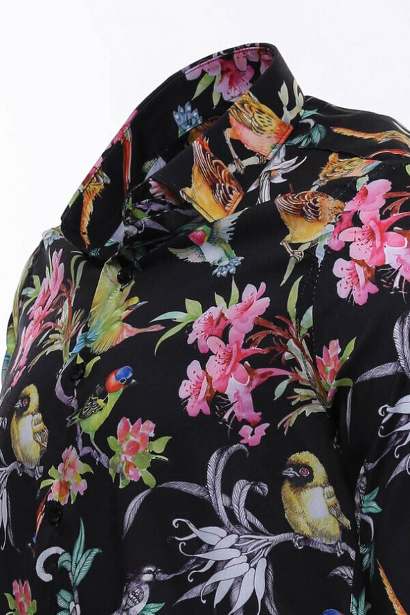 Kuş Ve Çiçek Desenli Slim Fit Uzun Kollu Siyah Erkek Gömlek - 4