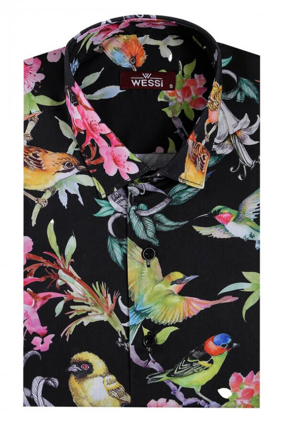 Kuş Ve Çiçek Desenli Slim Fit Uzun Kollu Siyah Erkek Gömlek - 5